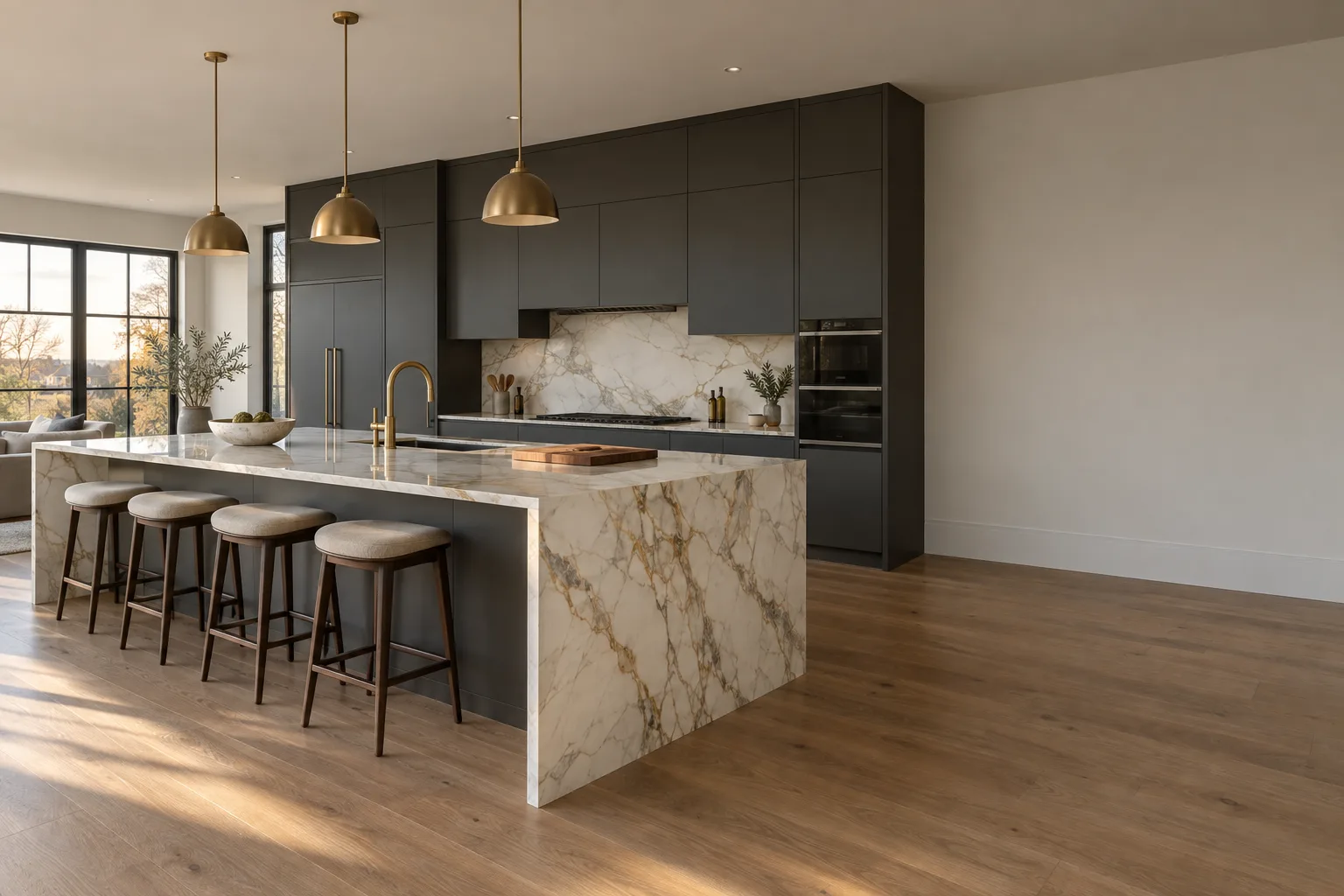 Modern kitchen with Calacatta marble waterfall island